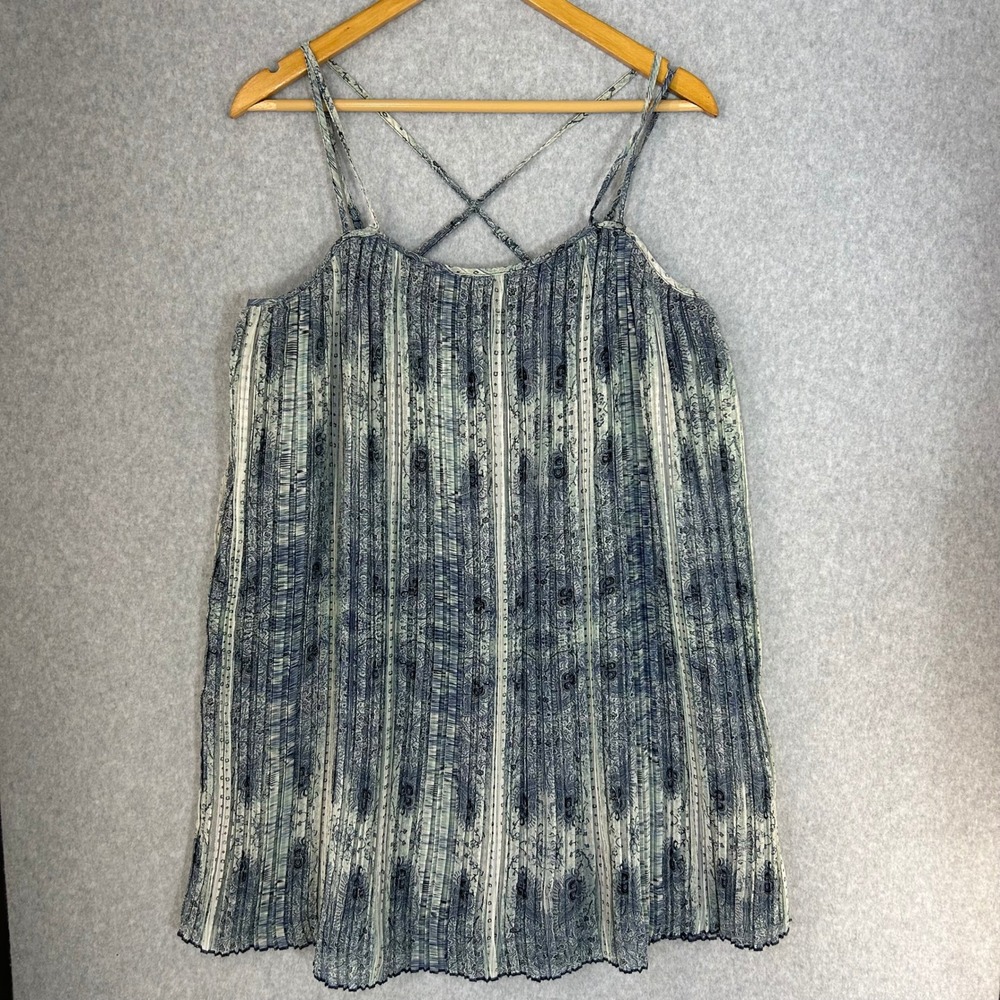 BCBGeneration Blue Mini Dress Pleated Watercolor Strappy Tank Summer Size Medium